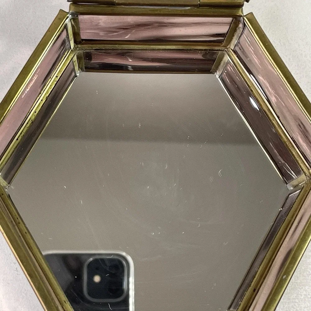 Vintage Purple Glass Jewelry Box Etched Flower Mirrored Brass Base Hexagon